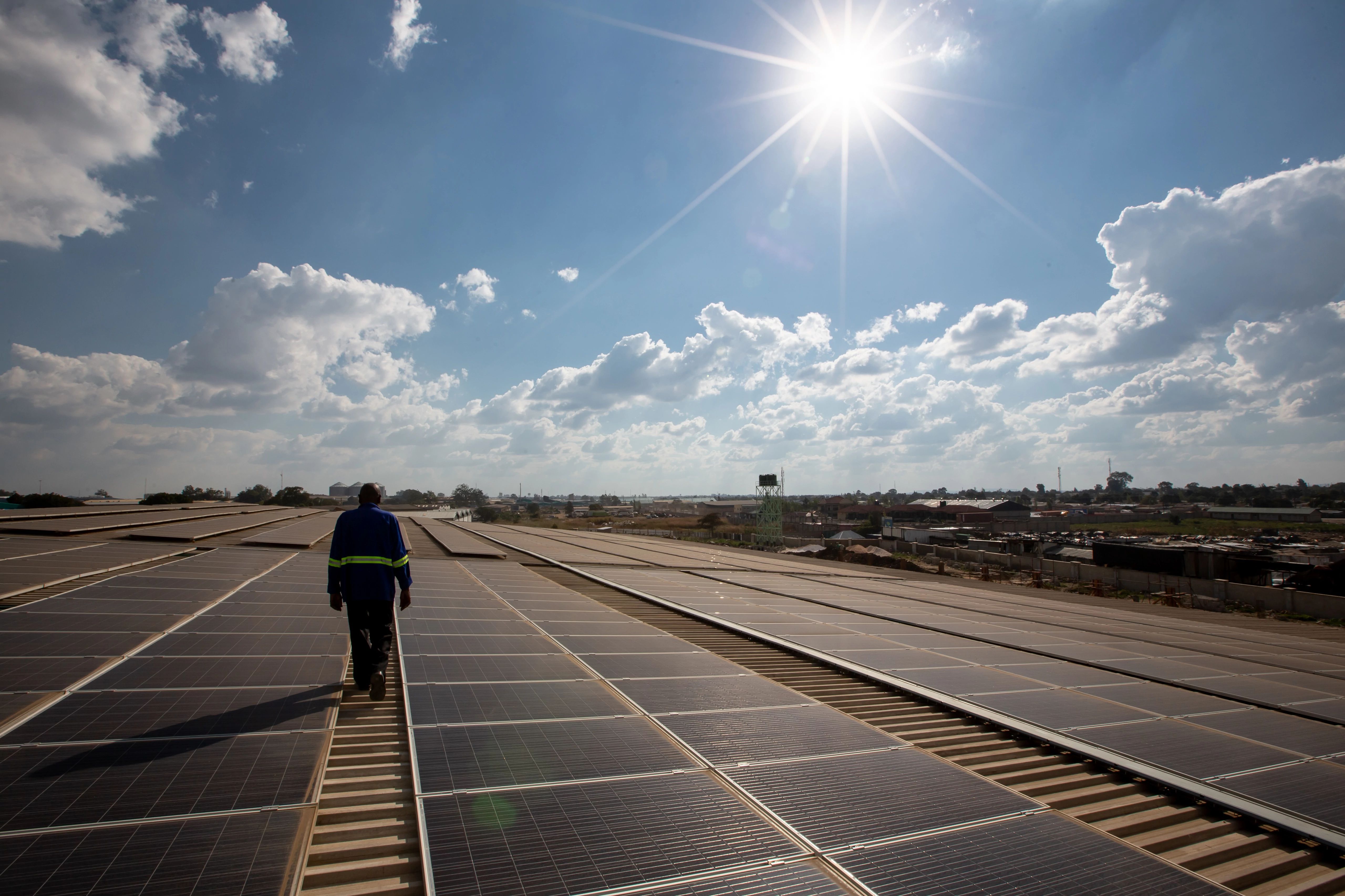 Aerial view of the solar panels on the roof of the MSL Warehouse downtown Lusaka.